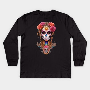 Embody the Spirit of Dia de los Muertos with Stunning Woman in Sugar Skull Makeup Kids Long Sleeve T-Shirt